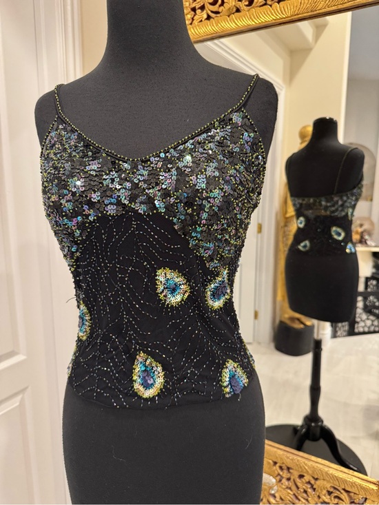 Attitudes by Debra Tops - Black Beaded & hand beaded Sequin Peacock Motif Cami Top stretch